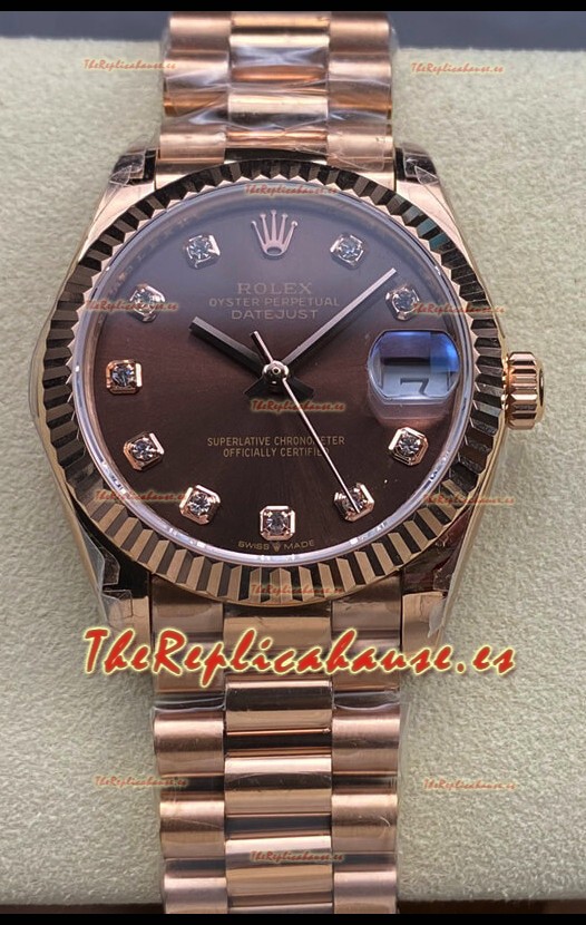 Rolex Datejust 31MM Reloj Suizo en Acero 904L Oro Rosado Dial Chocolate Réplica Espejo 1:1