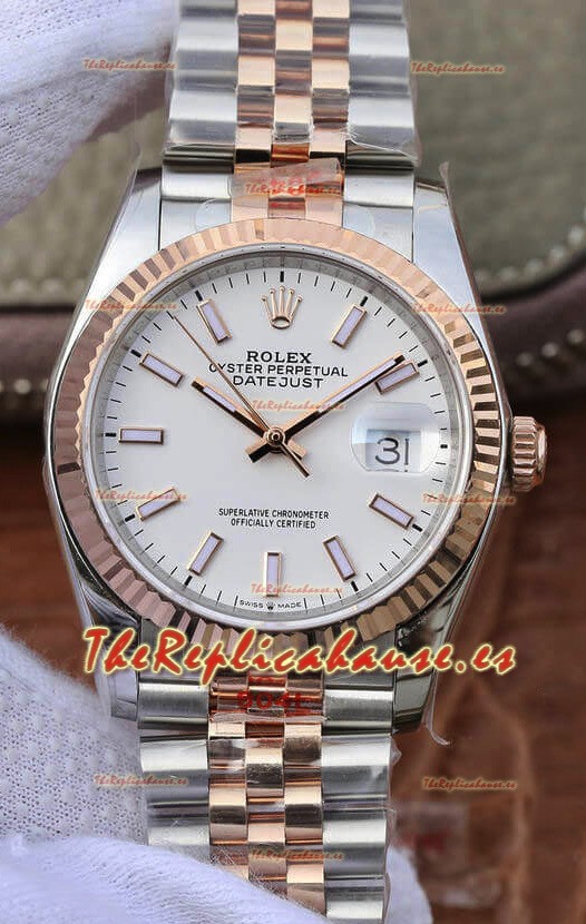 Rolex Datejust 36MM Movimiento ETA-3135 Reloj Réplica Suizo en Acero 904L Dos Tonos Dial Blanco