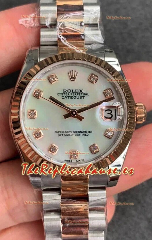 Rolex Datejust 31MM Movimiento ETA-2671 Reloj Réplica Suizo en Acero 904L Dial Perla Oyster Strap