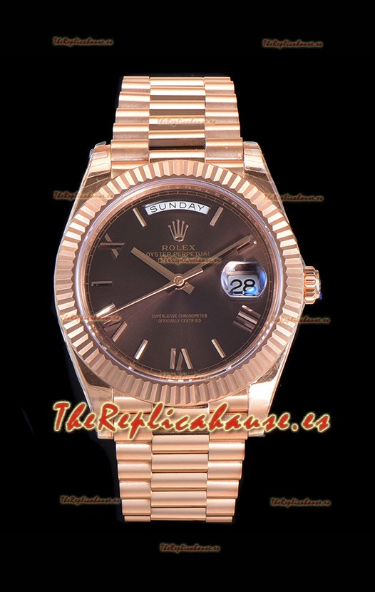 Rolex Day Date Watch Dial en Marrón con Numerales de Hora en Numeros Romanos Movimiento Cal.3255 - Acero 904L