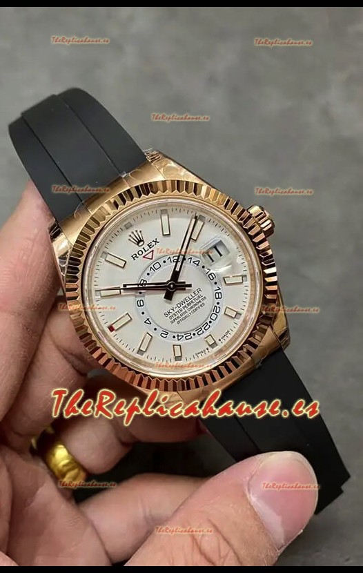 Rolex Sky-Dweller REF# M326235 Dial Blanco Reloj Oro Rosado Caja Acero 904L Réplica Espejo 1:1