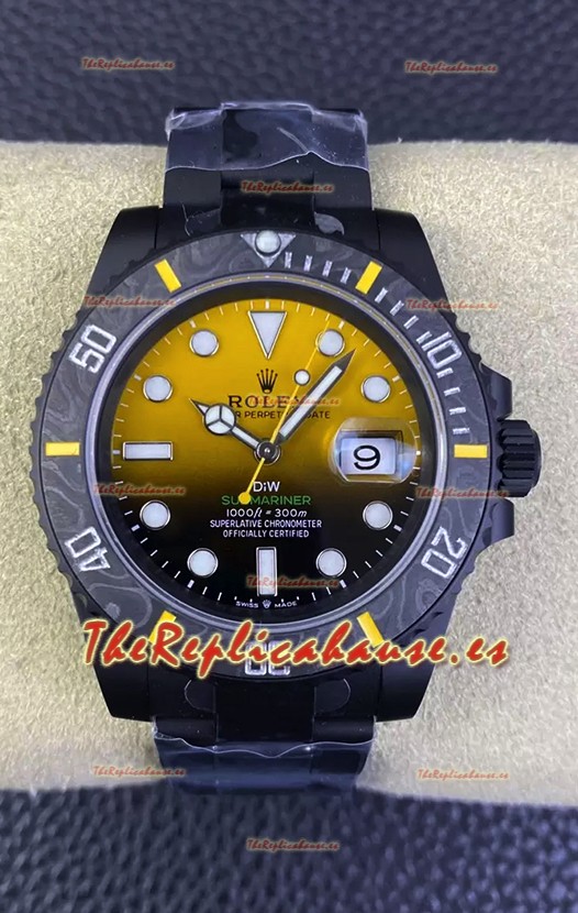Rolex Submariner Reloj Edición Especial DiW con Revestimiento DLC Bisel Carbono Dial Amarillo