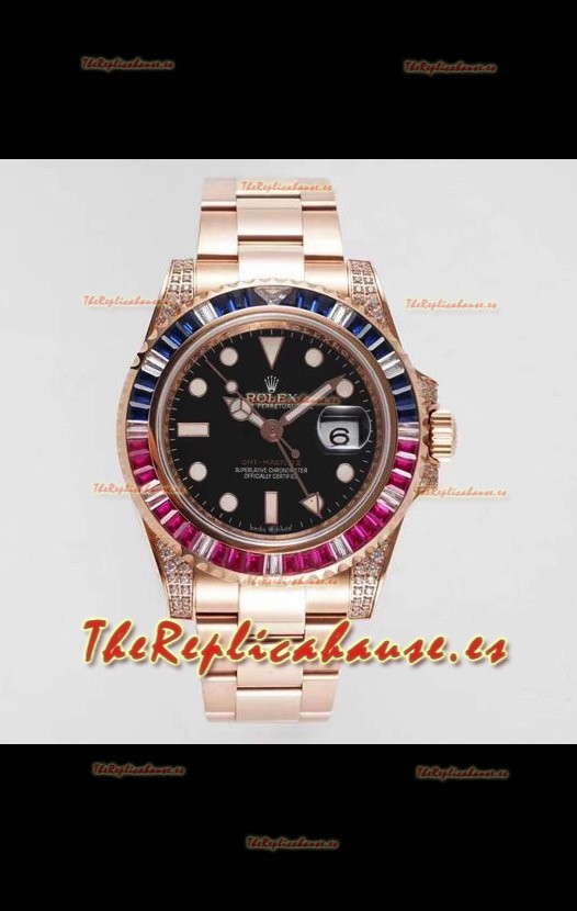 Rolex GMT Masters II Reloj Diamantes Suizos Caja en Acero 904L Oro Rosado - Calidad a Espejo 1:1