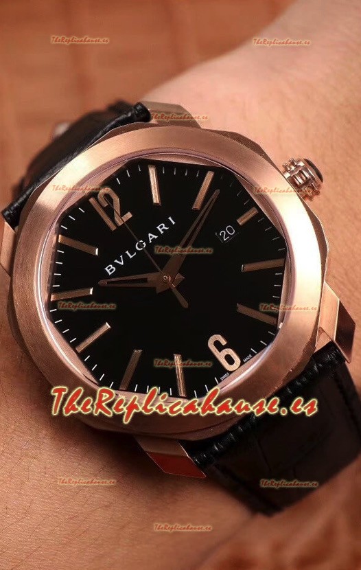 Bvlgari Octo Edición Roma Reloj Réplica a Espejo 1:1 en Oro Rosado - Dial Negro