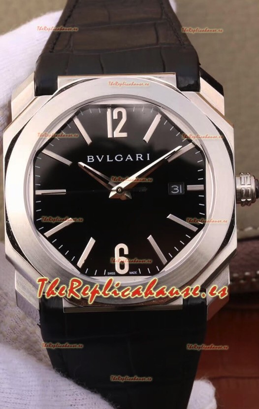 Bvlgari Octo Edición Roma Reloj Réplica a Espejo 1:1 Caja en Acero 904L - Dial Negro Correa de Piel