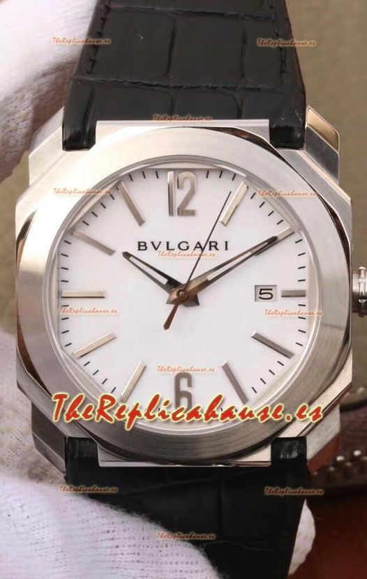 Bvlgari Edición Octo Roma Reloj Réplica a espejo 1:1 Caja en Acero 904L - Dial Blanco Correa de Piel