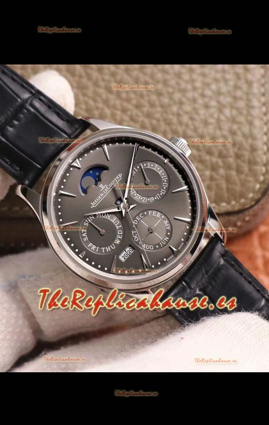 Jaeger LeCoultre Master Ultra Fino Calendario Perpetual Reloj Réplica Suizo en Dial Gris