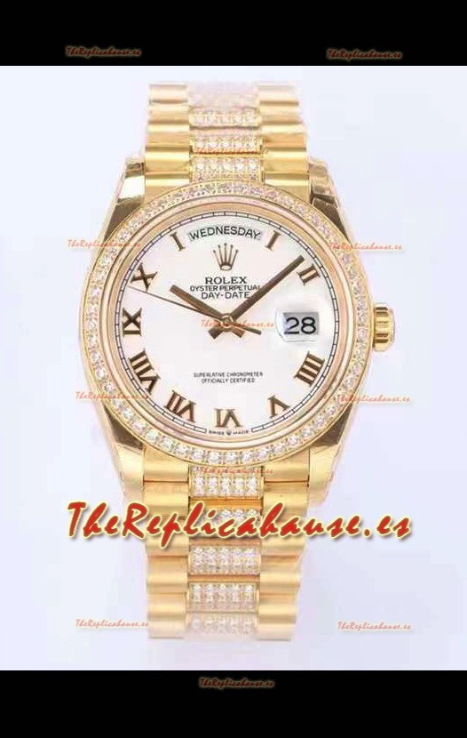 Rolex Day Date Presidential Reloj Oro Amarillo 18K 36MM - Dial Blanco en Romanos Calidad a Espejo 1:1