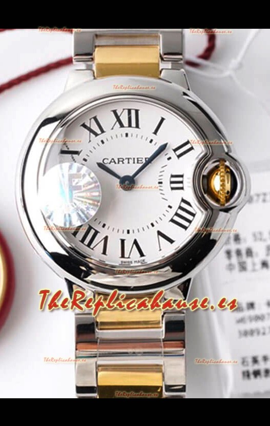 Ballon De Cartier Reloj Cuarzo Suizo Calidad a Espejo 1:1 28MM Caja en Dos Tonos Dial Blanco