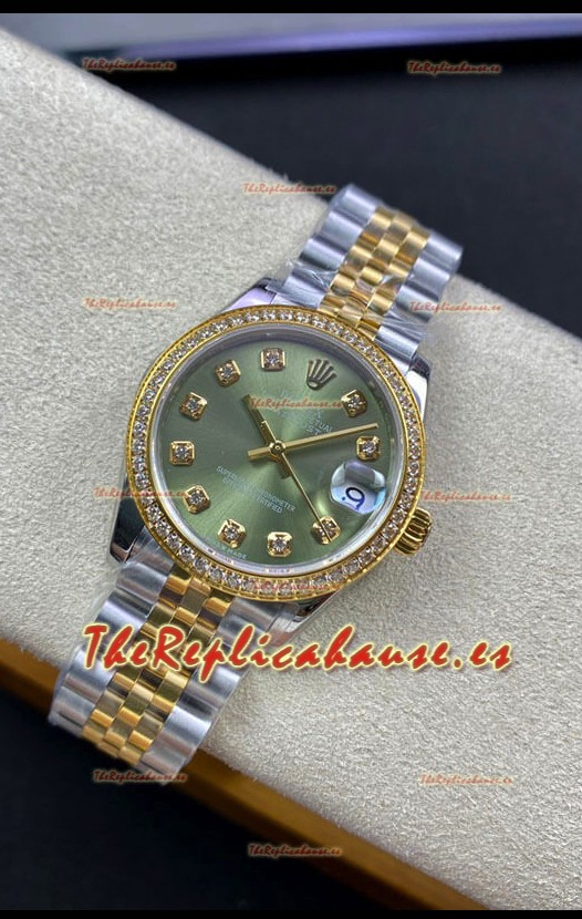 Rolex Datejust 31MM Reloj Réplica Suizo en Acero 904L Oro Amarillo 2 Tonos Dial Verde Réplica a Espejo 1:1