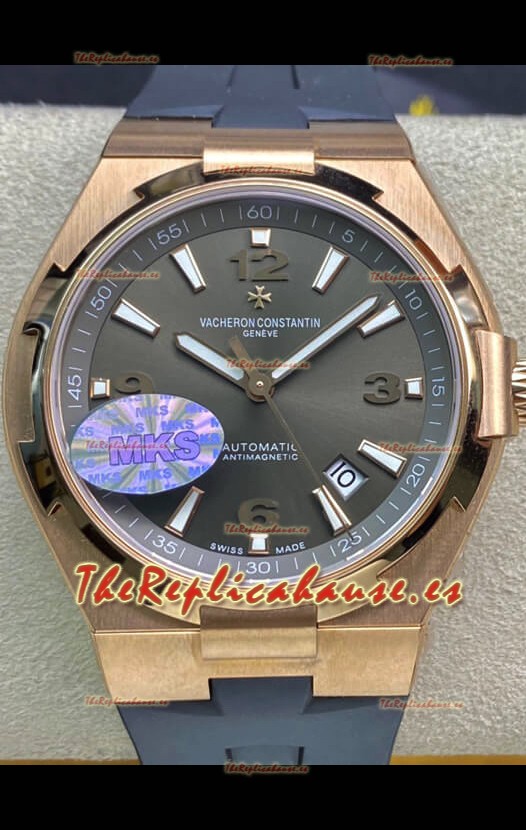 Vacheron Constantin Overseas Reloj Réplica a Espejo Acero 904L Oro Rosado en Dial Gris - Correa Goma