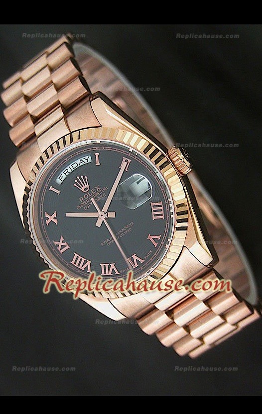 Rolex DayDate Reproducción Reloj Suizo en Oro Rosa y Esfera de color Negro