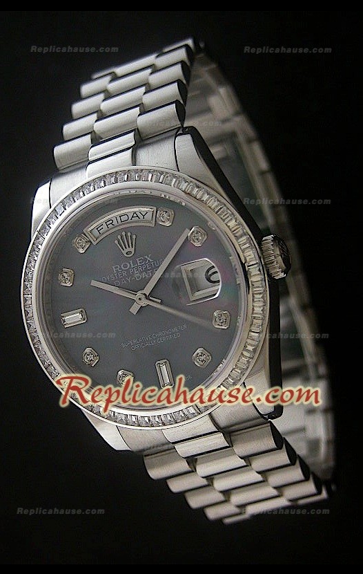 Rolex DayDate Reproducción Reloj Suizo con Esfera Perla - Marcadores de Hora en Diamantes
