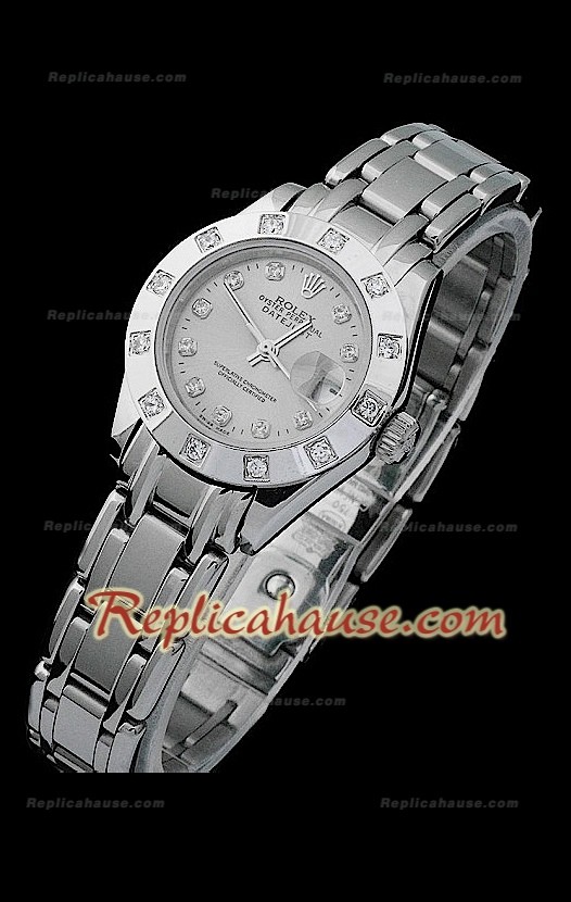 Rolex Datejust Reproducción Reloj Suizo para Señoras con Esfera Gris y Marcadores de Hora en Diamantes