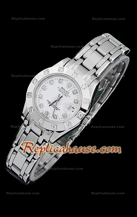 Rolex Datejust Reproducción Reloj Suizo para Señoras con Esfera Blanca y Marcadores de Hora en Diamantes