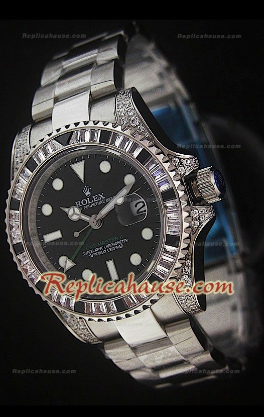 Rolex GMT Masters II Reproducción Reloj Suizo en Acero con Diamantes