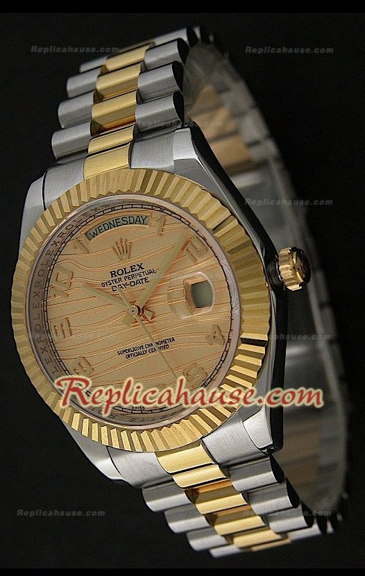 Rolex Replica Daydate Reloj Japonés Dos Tonos con Esfera de Oro 