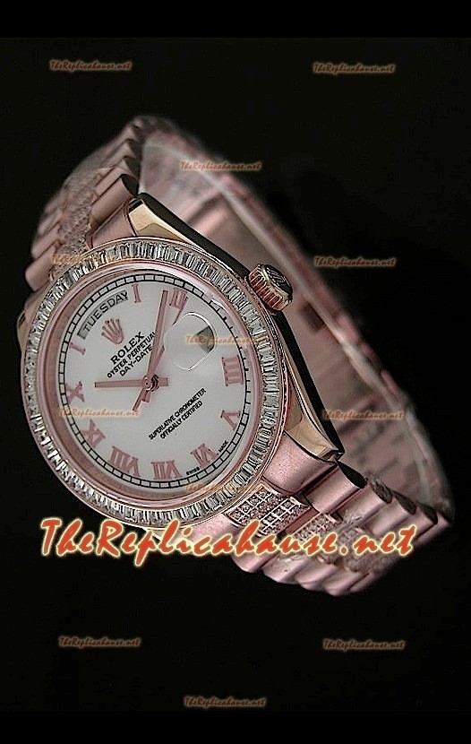 Rolex Daydate Reproducción Reloj Suizo - Reloj medianode 37MM - Esfera Blanca Everose 