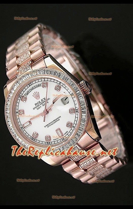 Rolex Daydate Reproducción Reloj Suizo - Reloj mediano de 37MM - Esfera Blanca Everose