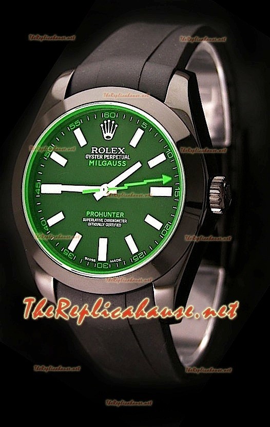 Rolex Milgauss Pro Hunter Reloj Suizo con Correa de Caucho y Zafiro Verde 