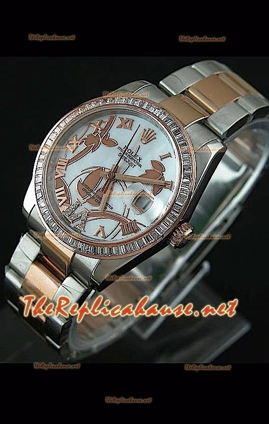 Reloj japonés Rolex Datejust para damas con estuche en dos tonos