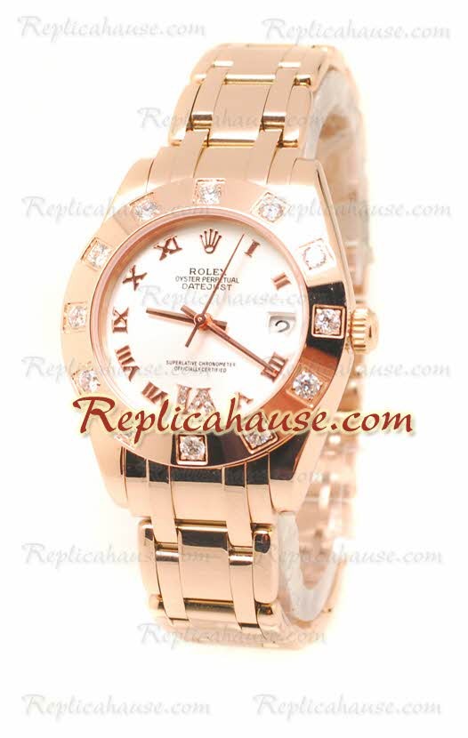 Datejust Rolex Reloj Suizo de imitación en Oro Rosa y Dial Blanco - 34MM