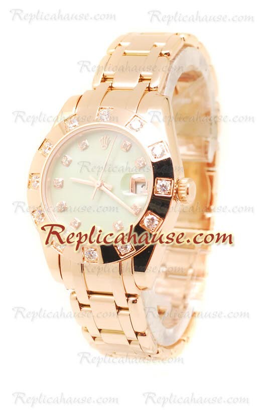 Pearlmaster Datejust Rolex Reloj Suizo en Oro Rosa y Dial verde perlado - 34MM