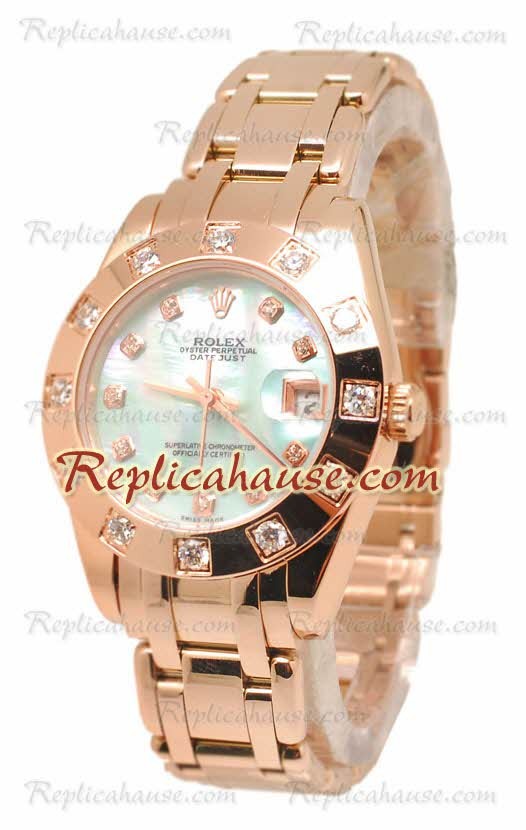 Pearlmaster Datejust Rolex Reloj Japonés en Oro Rosa con Dial Verde Perlado- 34MM