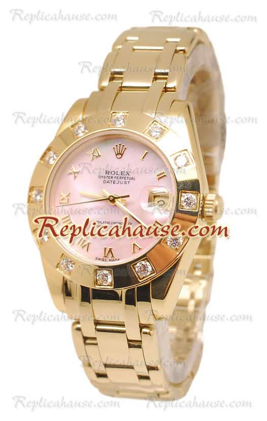 Pearlmaster Datejust Rolex Reloj Suizo en Oro Amarillo con Dial Rosa Perlado - 34MM