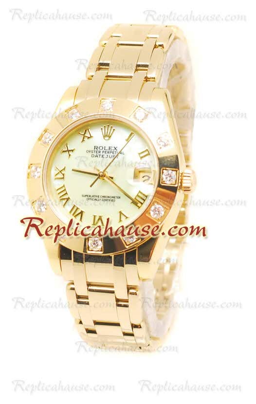 Pearlmaster Datejust Rolex Reloj Japonés en Oro Amarillo con Dial Verde Perlado- 34MM