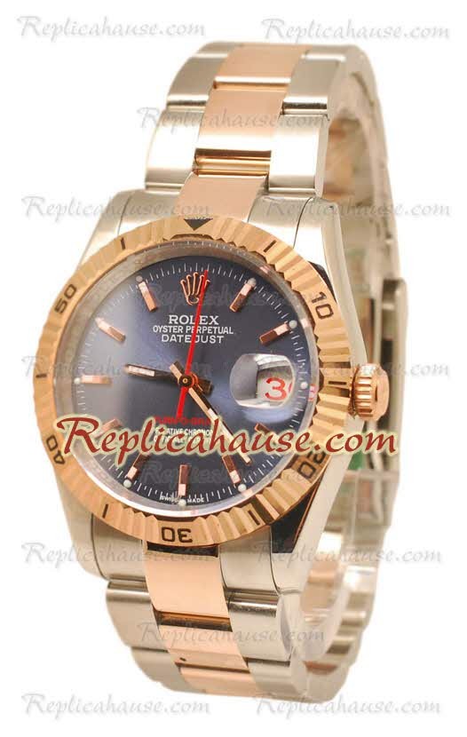 Datejust Turn O Graph Rolex Reloj Japonés in Rose Dial dorado Azul Marino 