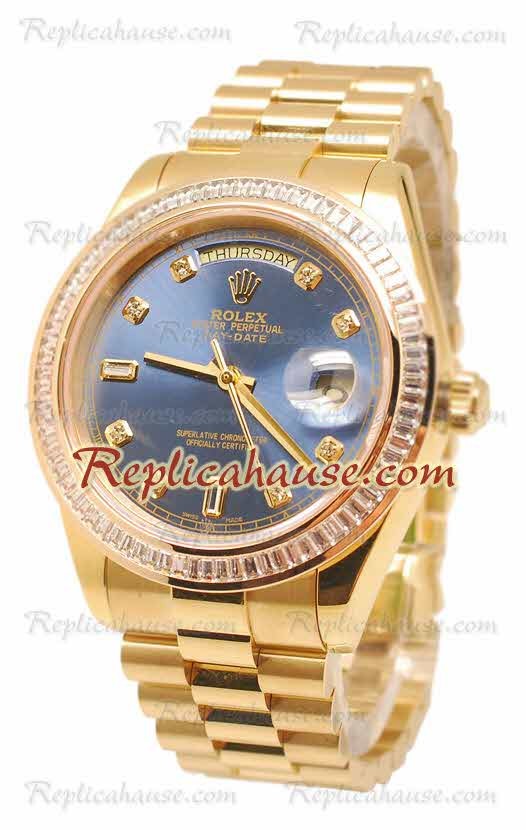 Rolex Day Date II Dial Azul Gold Reloj Bisel de diamantes 43MM