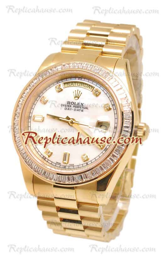 Rolex Day Date II Dial Blanco Gold Reloj Suizo Bisel de diamantes in 43MM