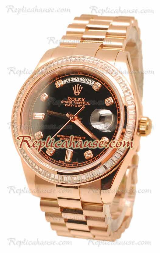 Rolex Day Date II Dial Negro Rose Gold Reloj Suizo Bisel de diamantes in 43MM