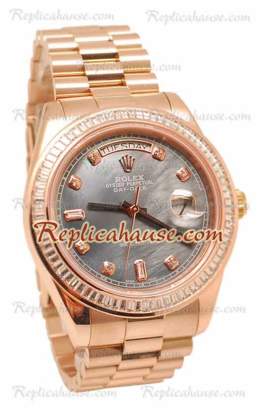 Rolex Day Date II Dial color Perla Rose Gold Reloj Bisel de diamantes 43MM