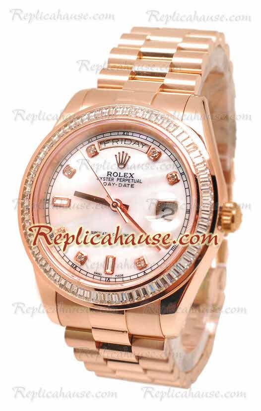 Rolex Day Date II Dial rosa perlado Rose Gold Reloj Suizo Bisel de diamantes, 44MM 41MM