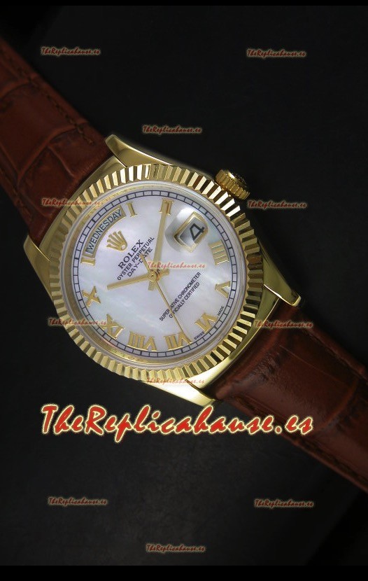 Rolex Day Date 36MM Reloj Réplica Suizo en Oro Amarillo - Dial Blanco MOP