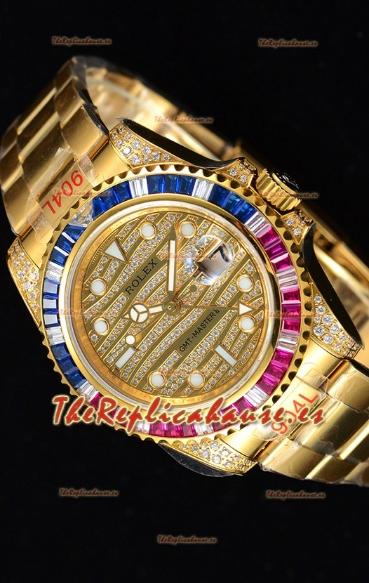 Rolex GMT Masters II Iced out Reloj Suizo Caja 904L en Oro Amarillo