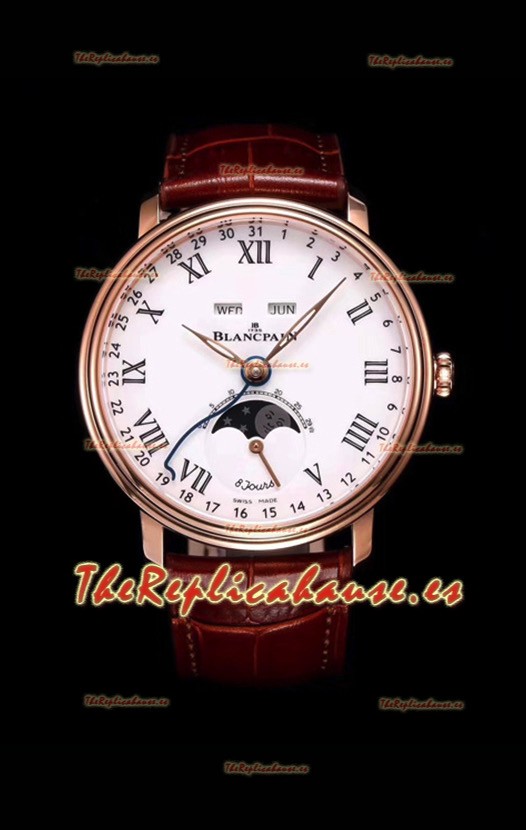 Blancpain "Villeret Quantième Complet" Reloj de Acero 904L en Oro Rosado Dial Blanco