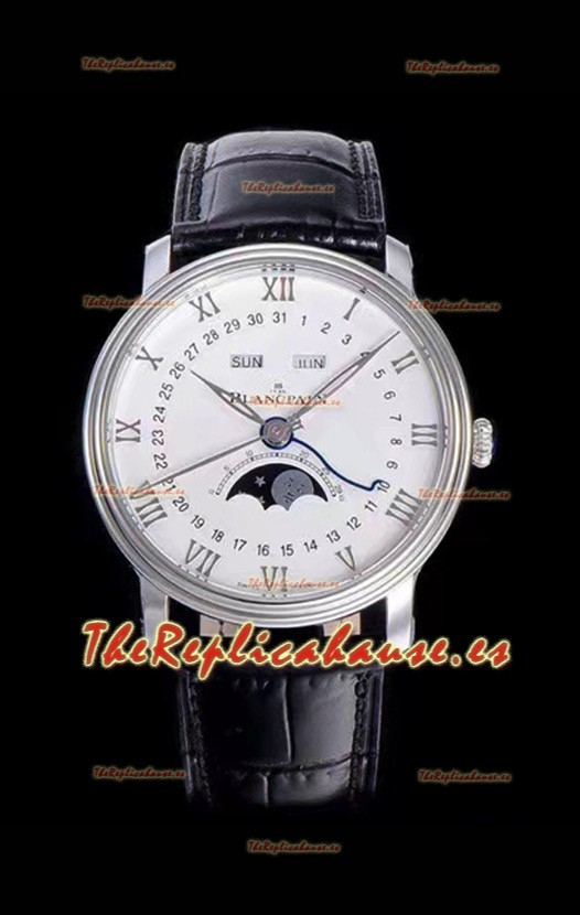 Blancpain "Villeret Quantième Complet" Reloj de Acero Suizo 904L con Dial en Blanco apagado