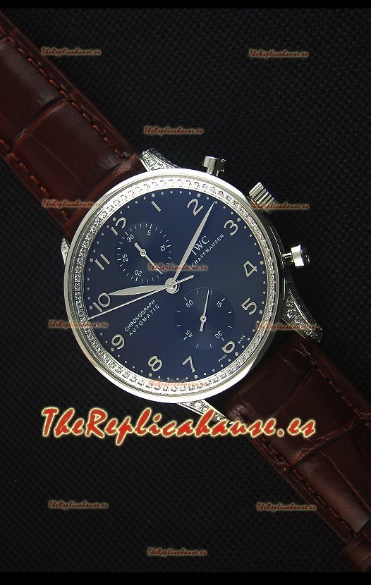 IWC Portuguese Reloj Replica Cronógrafo a Espejo 1:1 Dial Negro Correa Marrón con Diamantes