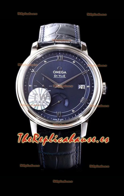 Omega De Ville Prestige Power Reserve Reloj Réplica Suizo a Espejo 1:1 Acero 904L Dial Azul