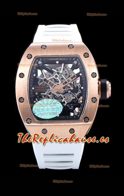 Richard Mille RM035 AMERICAS Reloj Réplica en Oro Rosado 18K Correa Blanca