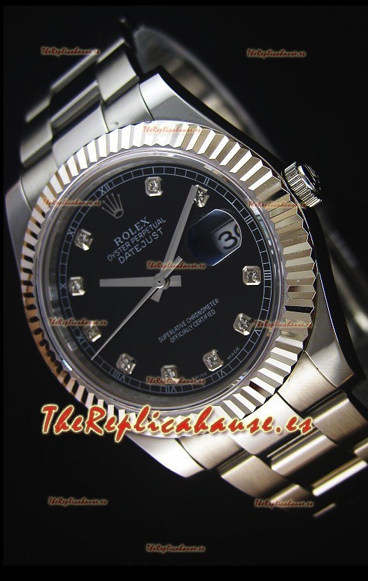 Rolex Datejust II 41MM Reloj Replica Suizo con Movimiento Cal.3136 Dial en color Negro, Marcadores de Hora en Diamantes