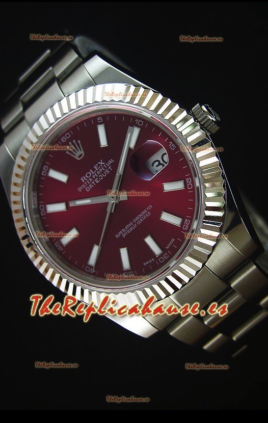 Rolex Datejust II 41MM Reloj Replica Suizo con Movimiento Cal.3136 Dial en color Rojo Oscuro y Profundo, Marcadores de Hora tipo Stick