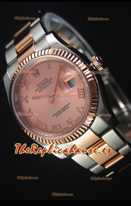 Rolex Datejust Reloj Replica en Oro Rosado, Dial con Numeros Romanos, 36MM con Movimiento Suizo 3135