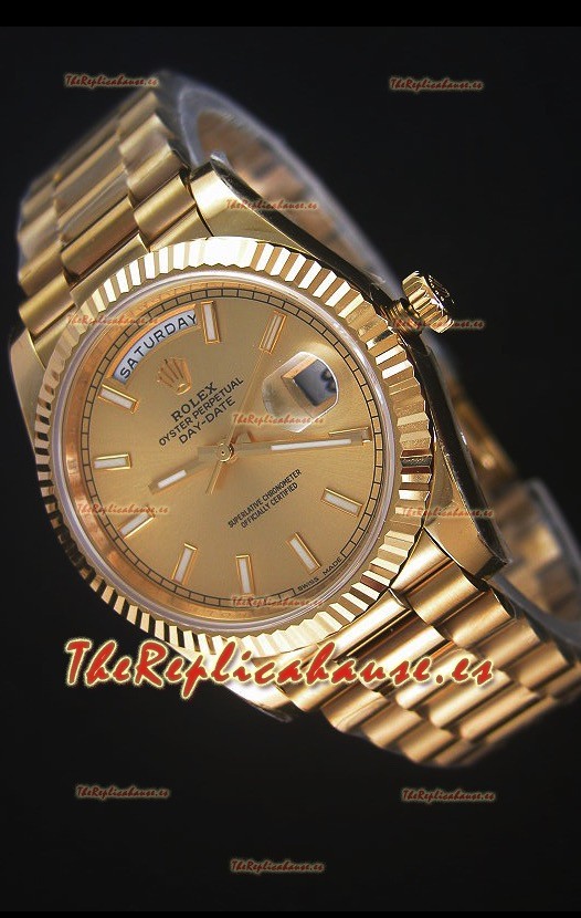 Rolex Day-Date 40MM Reloj Replica Dial en Oro Marcadores tipo Stick Movimiento Suizo Cal.3255