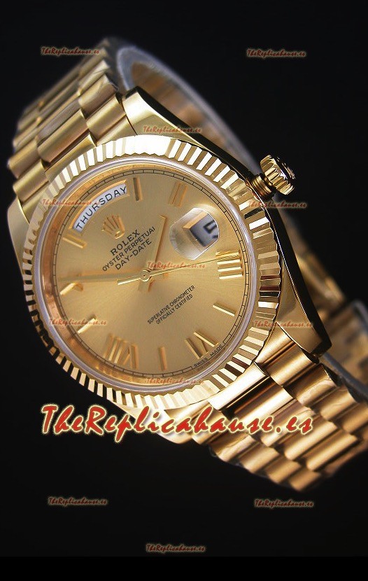 Rolex Day-Date 40MM Reloj Replica Dial en Oro con Numerales de Hora en Numeros Romanos Movimiento Suizo Cal.3255