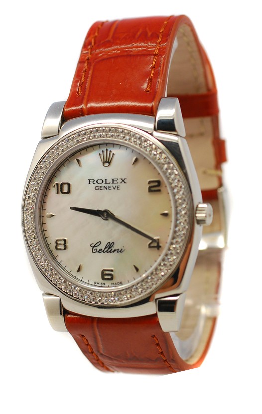 Rolex Celleni Cestello Reloj Suizo Señoras con Esfera Perla, Correa de Piel y Diamantes en Bisel