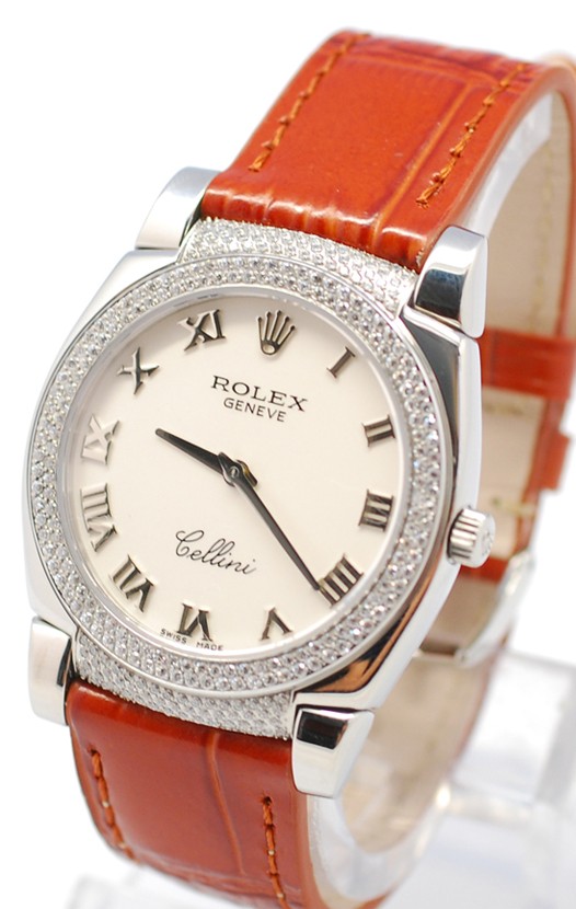 Rolex Celleni Cestello Reloj Suizo Señoras con Esfera Blanca Romana, Correa de Piel, Diamantes en Bisel y Terminales